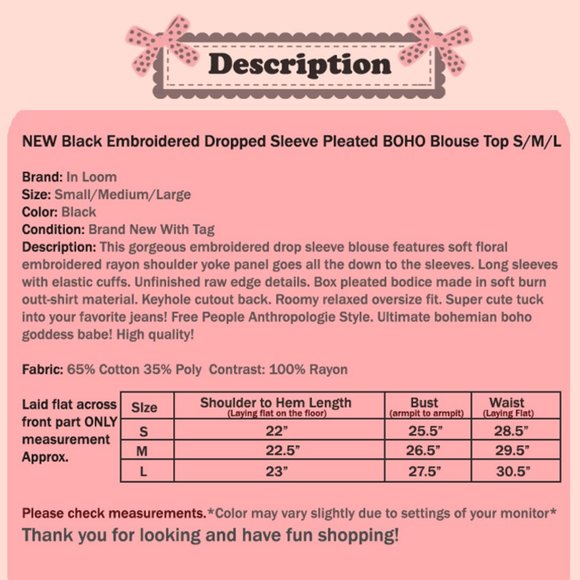 NEW Black Floral Embroidered Pleat BOHO Blouse Top - Picture 11 of 12